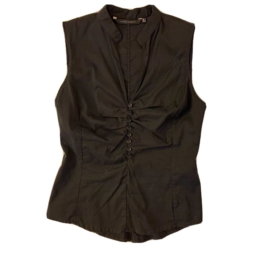 Zara Black Sleeveless Button Front Blouse Pleated V Neck Top Small